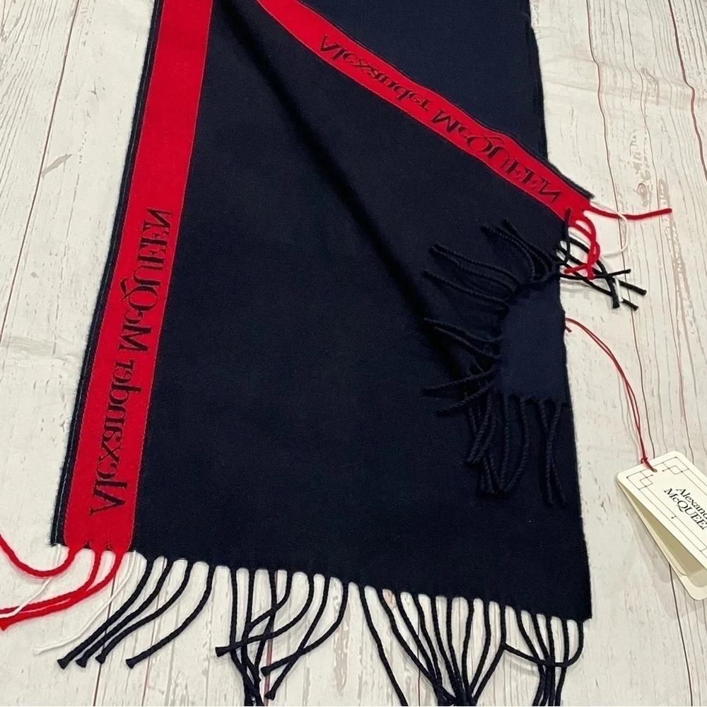 Alexander Mcqueen Navy Blue Selvedge Fringe Wool/Cashmere Unisex Scarf NWT $420